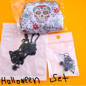 Punk Dark Spider Web Necklace, & Retro Black Gothic Bat Earrings, Purse